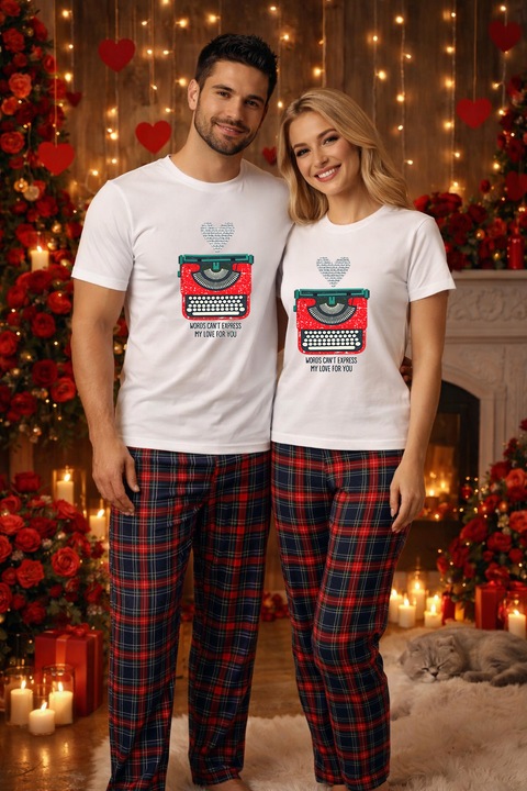 Set pijamale pentru cuplu – tricou si pantaloni pijamale, bumbac, Valentine's si Dragobete alb L