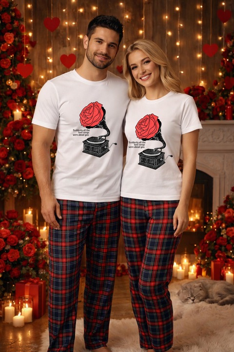 Set pijamale pentru cuplu – tricou si pantaloni pijamale, bumbac, Valentine's si Dragobete alb L