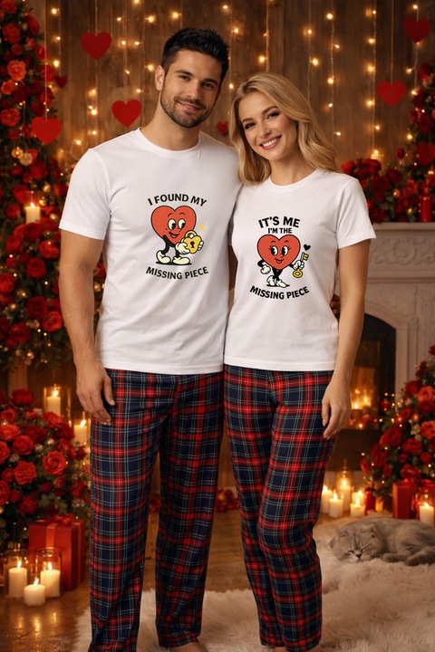 Set pijamale pentru cuplu – tricou si pantaloni pijamale, bumbac, Valentine's si Dragobete alb XL