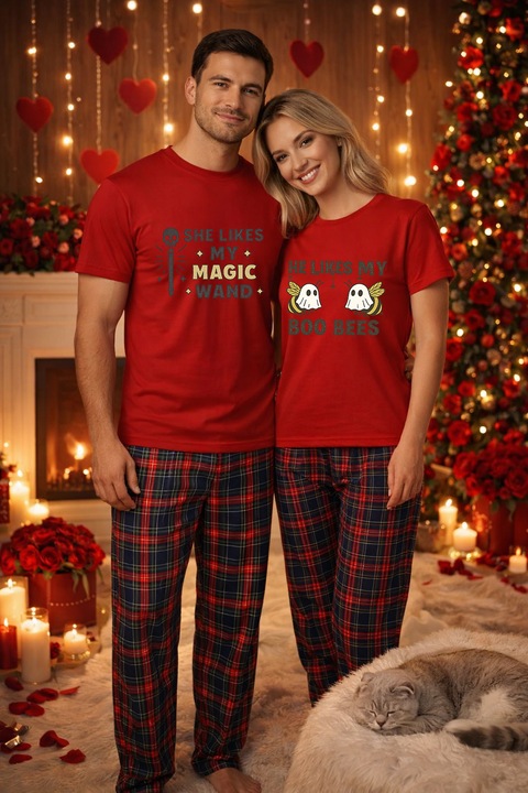 Set pijamale pentru cuplu – tricou si pantaloni pijamale, bumbac, Valentine's si Dragobete rosu S
