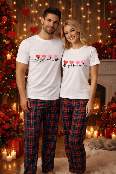 Set pijamale pentru cuplu – tricou si pantaloni pijamale, bumbac, Valentine's si Dragobete alb L