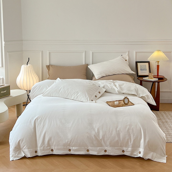Lenjerie de pat 4 piese, elegantă cu nasturi, 100% bumbac, alb, 220x240cm