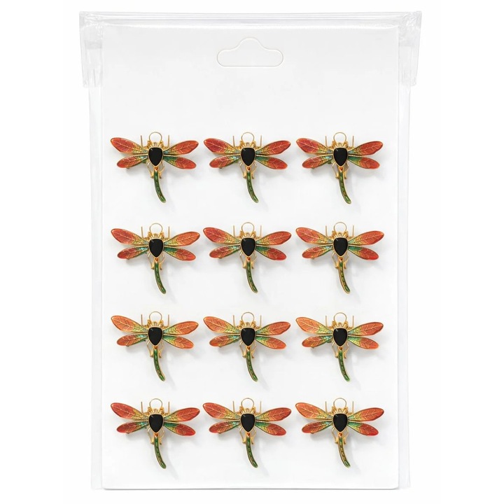 Set 12 brose Martisor pe carton prezentare, 17x10 cm, Cadou 1 Martie, Libelula auriu / portocaliu