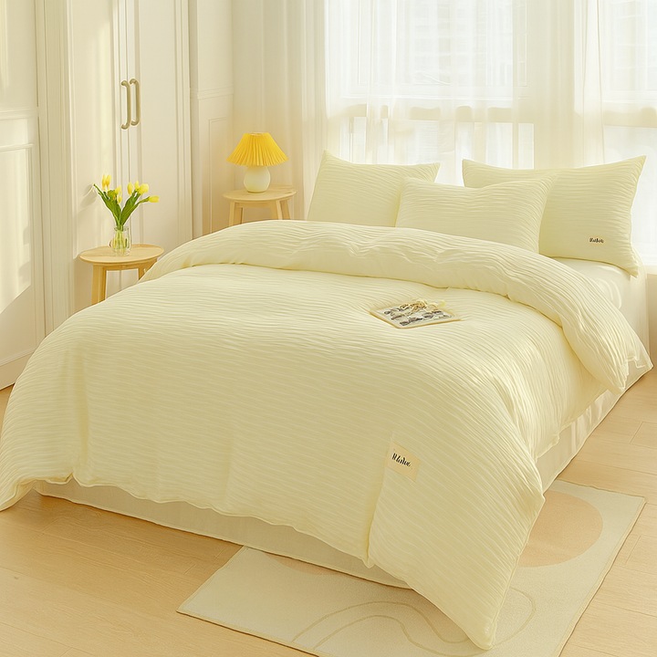Lenjerie de pat din 4 piese, Tesatura in Relief, 100% Bumbac, Crem, 200×230 cm