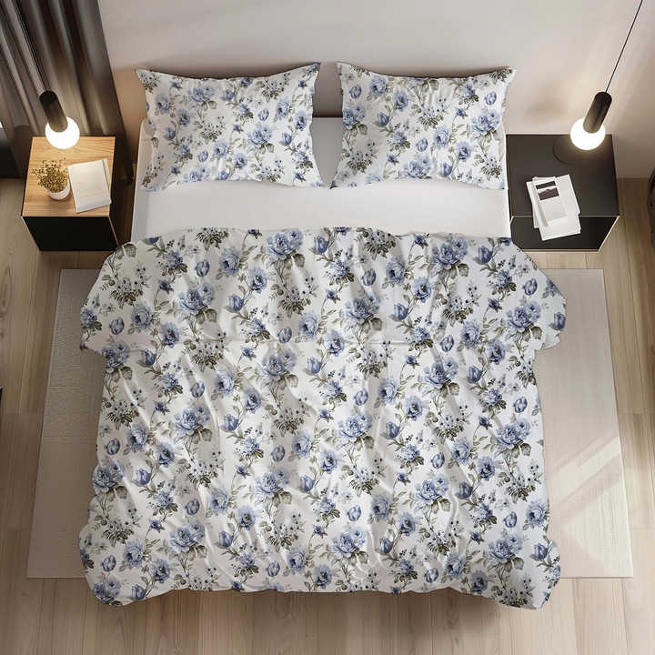 3 részes Ágyneműhuzat Garnitúra (paplanhuzat 180x200, párnahuzatok 50x70) Ranforce Pamutból, Kék Rózsás Virágmintával, Cipzáras Záródás, Vintage Design, Fehér/Kék