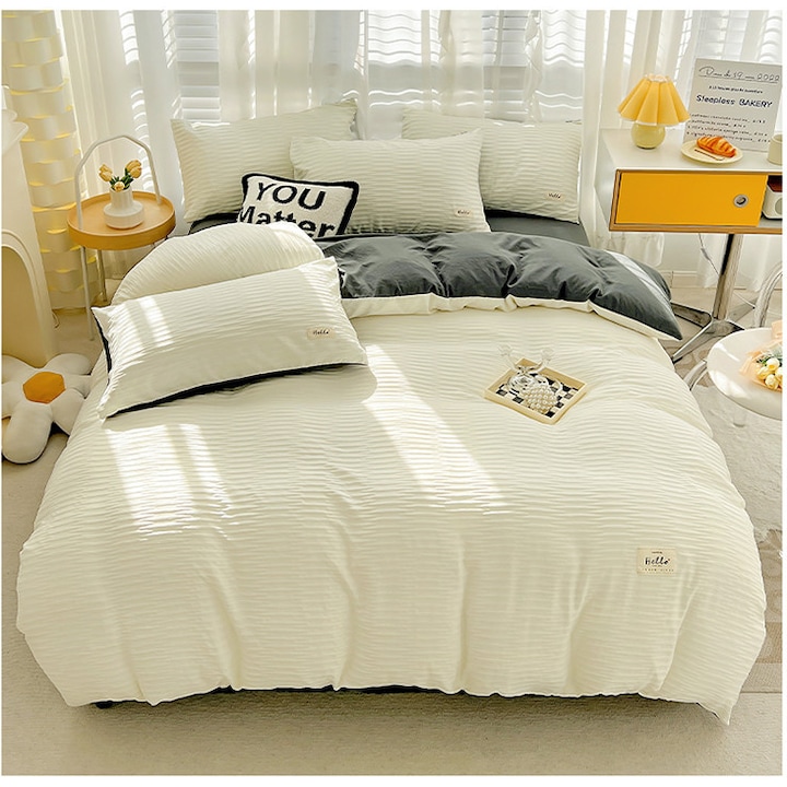 Lenjerie de pat din 4 piese, Tesatura in Relief, 100% Bumbac, Duo Alb + Gri, 200×230 cm