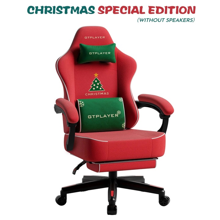 Ergonomikus gamer szék lábtartóval, hangszórókkal, piros karácsonyi