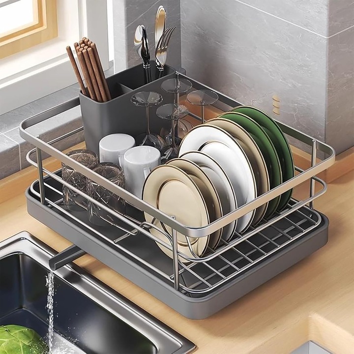 Edényszárító, SWJOYOL, fém, szürke, 40.3x30.5x13cm, evőeszköztartóval