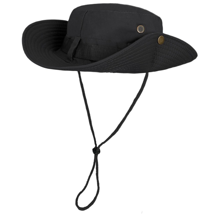 Palarie SasurLiLi Boonie, ajustabila, neagra, 8.5cm latime bor, unisex, pentru primavara-vara si toamna-iarna