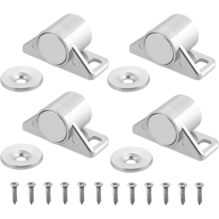 Set 4 Magnet puternic neodim, Cu incuietoare magnetica pentru mobila, Cu suruburi, Usor de instalat, Pentru mobilier, OUYLAF, Argint