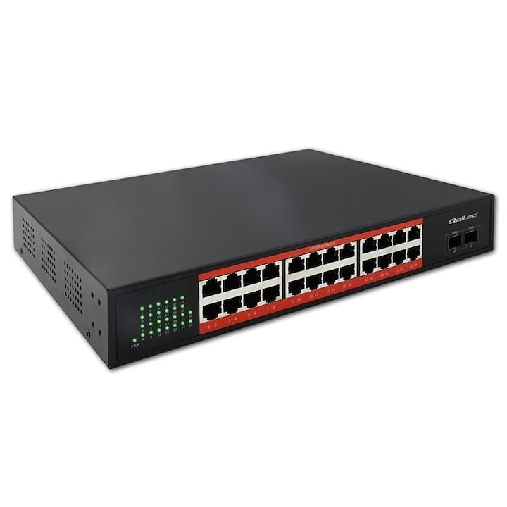 Switch Qoltec, Gigabit Ethernet PoE, 24x RJ45, 2x SFP, 1000 Mb/s