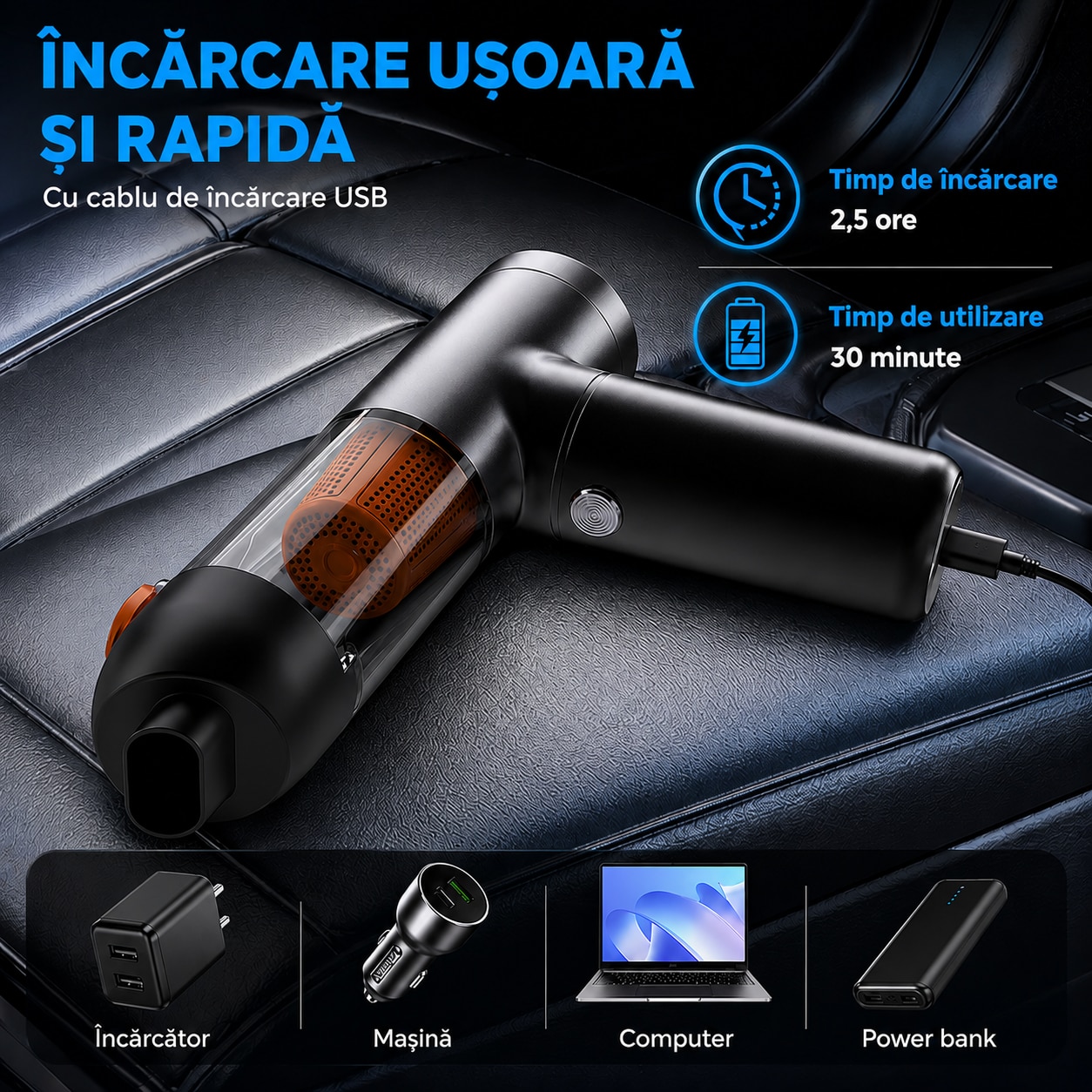 Aspirator Auto 4 in 1 Portabil, Indicator LED pentru nivelul bateriei ...