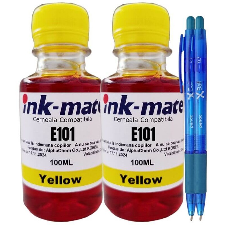 Pachet Flacon Refill Cerneala Ink-Mate Compatibil EPSON 101, 2x100ml Yellow si 2xPix Xball