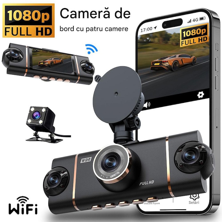VeniSymlis® DVR Auto 4 Camere 360°, ecran 3 inci, fata 1080P, WiFi, G-sensor, vedere nocturna, inregistrare in bucla, monitorizare parcare 24h, suport 128GB, unghi larg 170°, negru