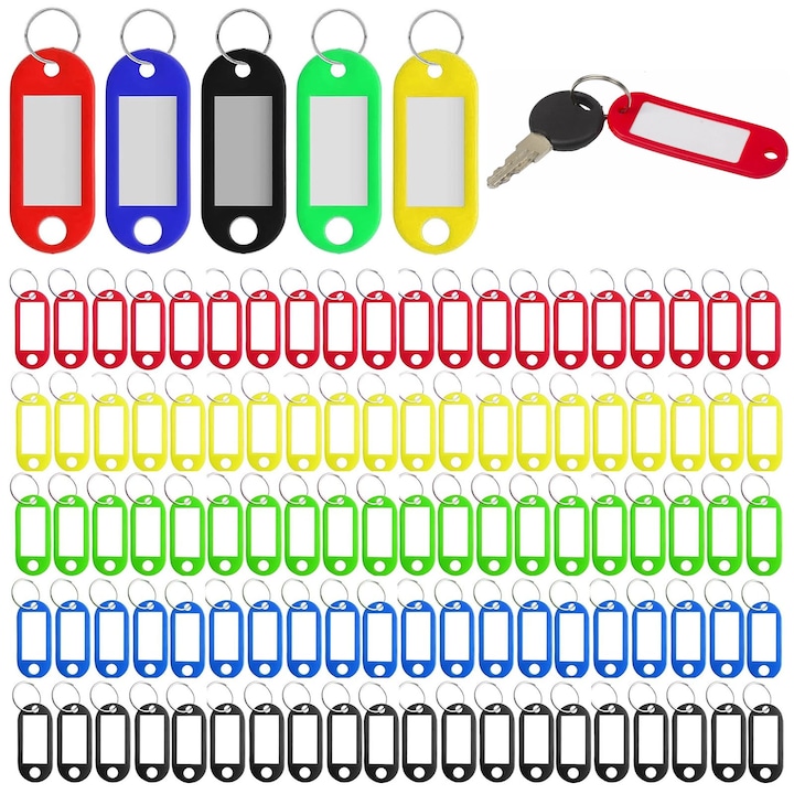 Set 100 Brelocuri Colorate cu Etichete, Axroad Mall, Etichete de clasificar pentru chei, Usor de scris, Impermeabil, Rezistent la praf, Cu cutie de depozitare, Plastic, 6.1x2cm, Multicolor