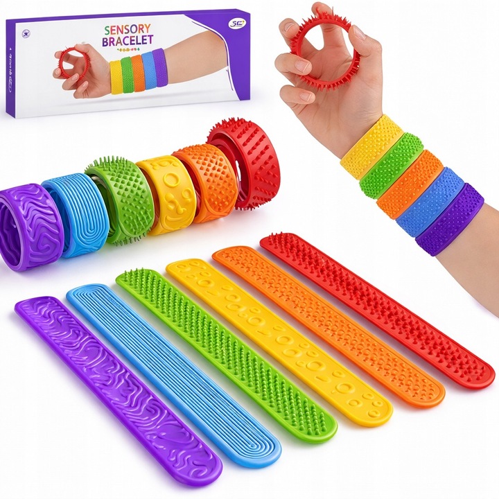 Set 6 Bratari Senzoriale Antistres pentru Copii si Adulti, Fidget Toys Multicolore din Silicon Moale, Durabile si Flexibile, Ajuta la Relaxare si Concentrare, Jucarii Calmant pentru ADHD si Autism, 21.5x2.5cm
