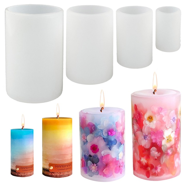 Set 4 Forme Cilindrice din Silicon pentru Candele, Matrita Silicon Cilindrica Pentru Lumanari, Suporturi De Lumanari, Alb, 8.5cmx5.5cmx5.5cm
