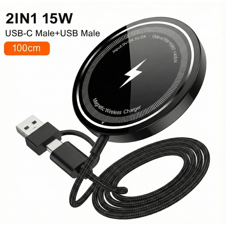 Vezeték nélküli mágneses töltő 2 az 1-ben Wyred by Monga, hibrid USB-C és A kábel, 15W, MagSafe, Qi, ultravékony, fekete