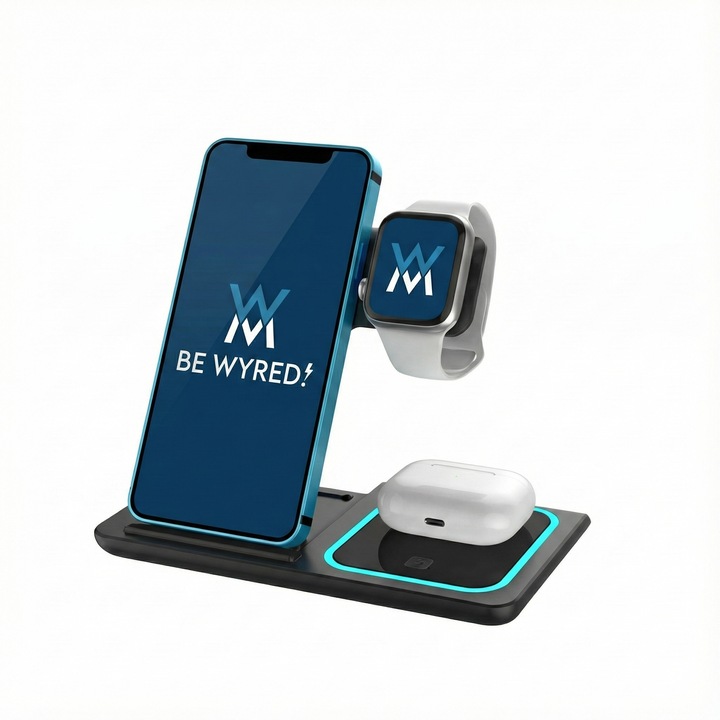Сгъваема безжична станция за зареждане 3-в-1 Wyred by Monga, 15W, Черна
