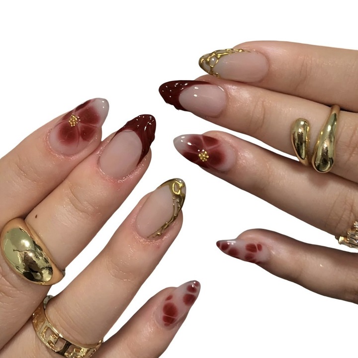 Unghii False Press On Migdala cu Detalii Florale French Tip si Linii Metalice 24 Bucati, Rosu Perlat