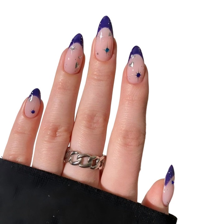 Unghii false cu presare, forma migdala, cu varf frantuzesc, inima metalica si design stea, 24 bucati, Albastru Marin