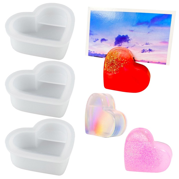Set 3 Matrite Silicon Inima pentru Rasina, Alb, 6.5x5.6x2.2cm