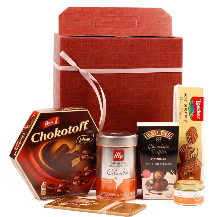 Set Cadou Premium – Cafea Illy, Trufe Baileys si Delicii Chokotoff, Ciocolata Heidi, Napolitana Loacker & Lumanare Parfumata Chakre cu Cristale Naturale
