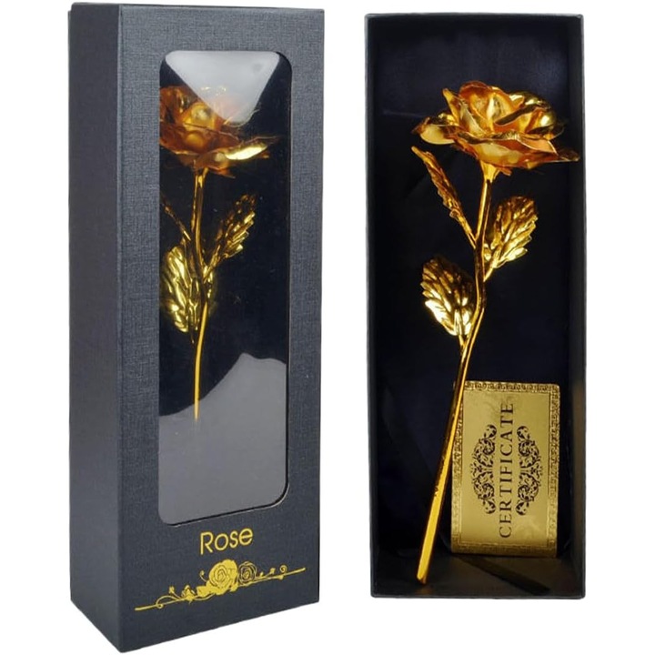 Trandafir auriu inmuiat in aur, decor floral infinit inmuiat manual in trandafiri romantici, cadouri pentru femei de ziua de nastere a sotiei/prietenei, de Ziua Indragostitilor, de Craciun (cutie neagra)