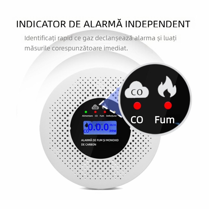 Detector 2 in 1 pentru Fum si Monoxid de Carbon, COBIREY, cu Afisaj Digital, Alarma Sigura de Incendiu si CO, Alimentat pe Baterii, Alb