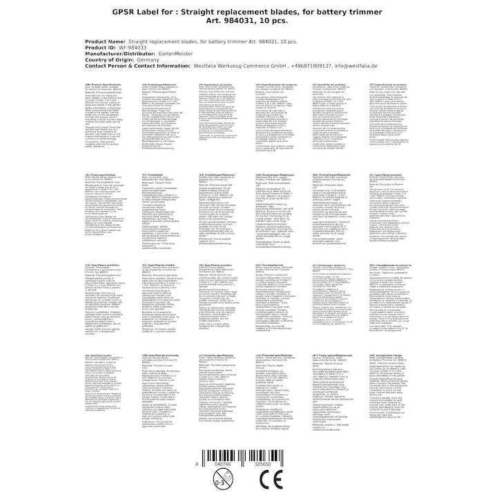 Lame drepte de schimb pentru trimmer fara fir Art. 984031, 10 bucati