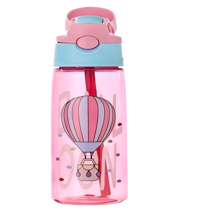 Детска бутилка за вода, LISM, със сламка и дръжка, 480 мл, без BPA, Pop Up, за училище и детска градина, розова
