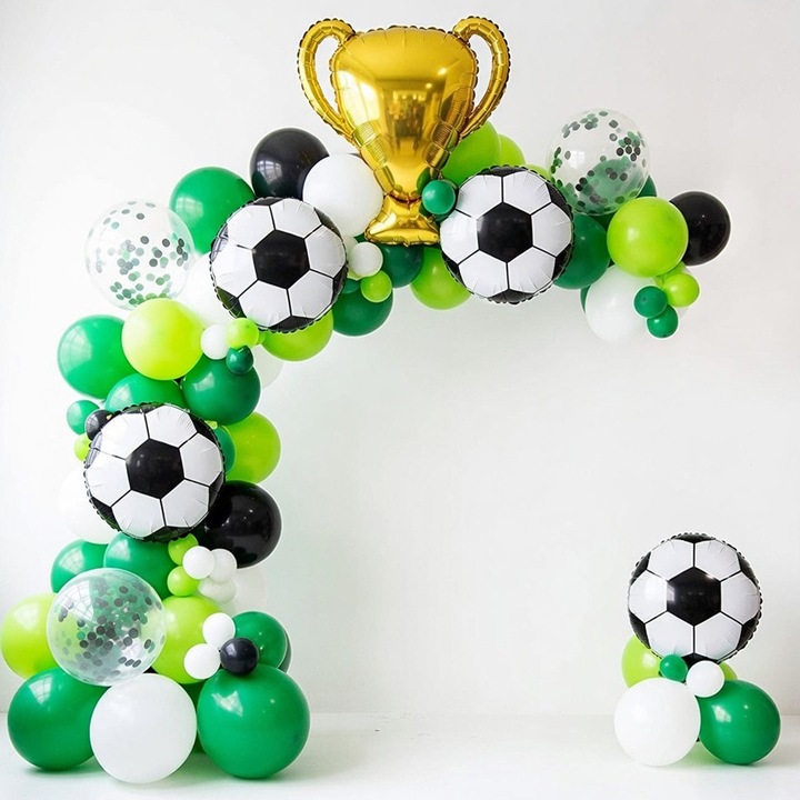 Set 111 Baloane Fotbal Arc Decorativ LISM, Tematica Sportiva Cupa Mondiala, Decoratiuni Petrecere Aniversare Copii, Verde Negru Alb, Inclusiv Folie si Latex