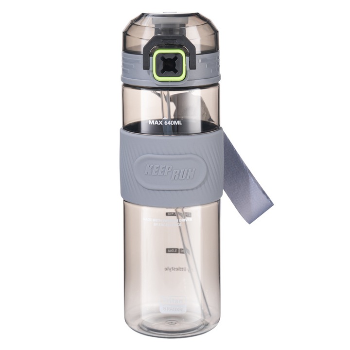 Спортна бутилка за вода, 640 мл, от пластмаса Tritan без BPA, със сламка, дръжка и плътен капак, с изскачащо отваряне, за фитнес, дом, къмпинг, туризъм, тренировки, на открито, спорт, пътувания, черна