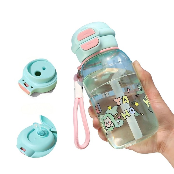 Sticla de apa copii 680 ml LISM, cu pai si gura directa, capac Pop-Up cu 2 butoane, anti-scurgere, maner portabil, fara BPA, design colorat distractiv, verde