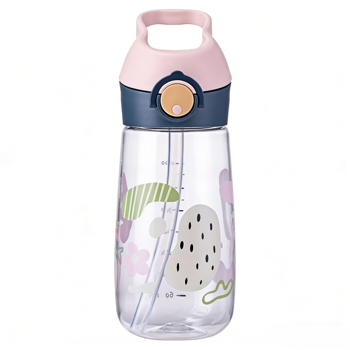 Детска бутилка за вода 500ml, LISM, първокласен тритан без BPA, със сламка и дръжка, лека, издръжлива, 360° херметично затваряне, с градуирана линия, розова