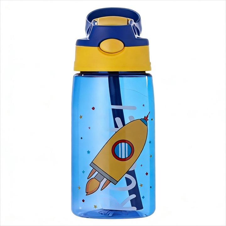 Детска бутилка за вода, LISM, със сламка и дръжка, 480 мл, без BPA, Pop Up, за училище и детска градина, синя