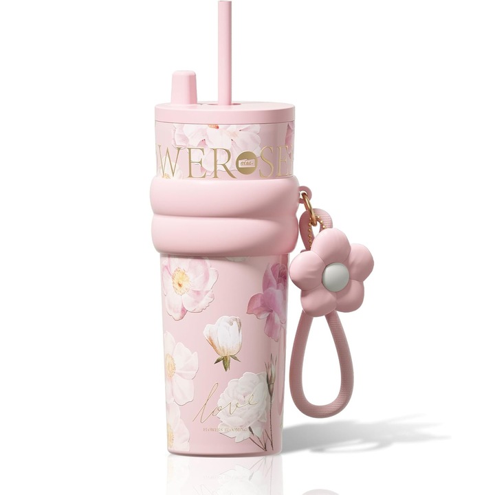 Cana Termos cu Pai 710ml Inox 316 LISM Floral Roz - Izolatie 7-12h Cald / 11-24h Rece, Cordon Portabil, Design Elegant