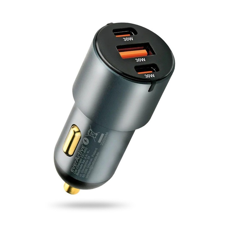 EverActive CC-40Q autós töltő, 1x USB, 2x USB-C PD 60W, fekete