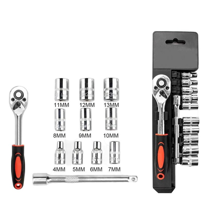 Комплект Ключове с Тресчотка 1/4'' с 12 Части, Втулка и Удължител, Реверсивна Дръжка с Бързо Свързване – Професионален Инструмент от Хром-Ванадиева Стомана за Механика и Направи си Сам