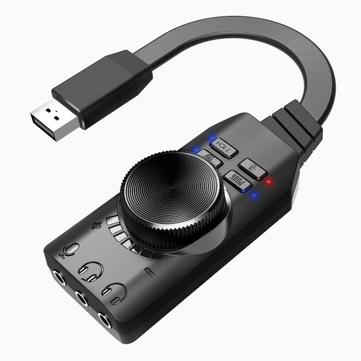 Placa de Sunet USB 7.1 Externa pentru PC si Telefon, cu Control Rotativ al Volumului, Compatibila cu Casti 3.5mm, Plug & Play, pentru Gaming si Muzica