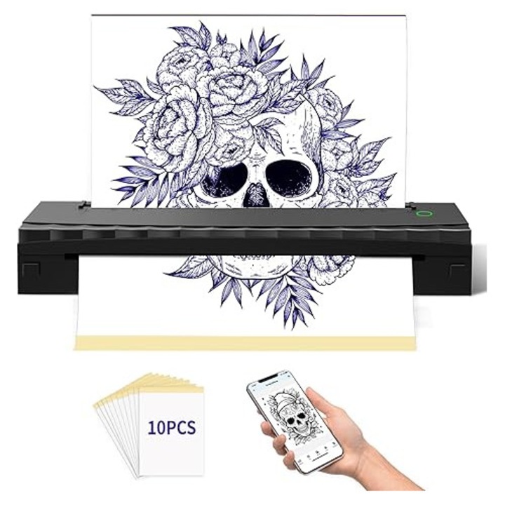 Термопринтер за татуировки, безжичен, Bluetooth, USB, Nano Thermal, преносим, без мастило, приложение, поддържа формати до A4, съвместим с iOS/Android, съдържа 10 листа хартия за трансфер на татуировки и 10 листа сгъната хартия, черен