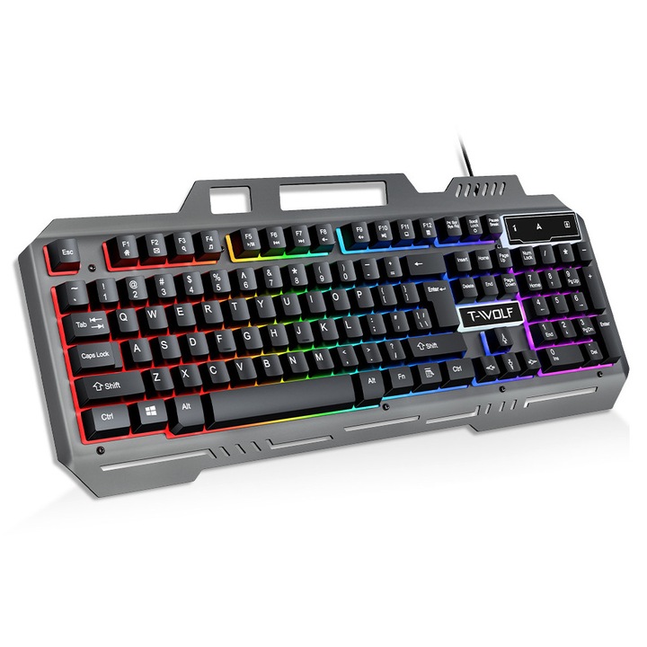 Tastatura cu fir din metal, suport pentru telefon, iluminare albastra, design rezistent la apa, dimensiuni 445x170x38mm