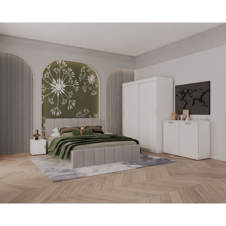 Set Dormitor Alex, 160x200cm, Gri deschis + Alb, Pal 18 mm