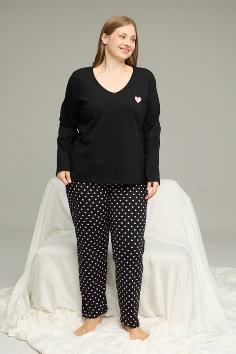 Pijama dama, Sexen, Plus Size, cu buline roz, bluza cu dantela, Negru