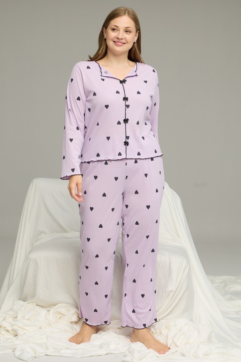 Pijama dama, Siyah Inci, cu inimioare, maneca lunga, pantaloni asortati, plus size, Lila