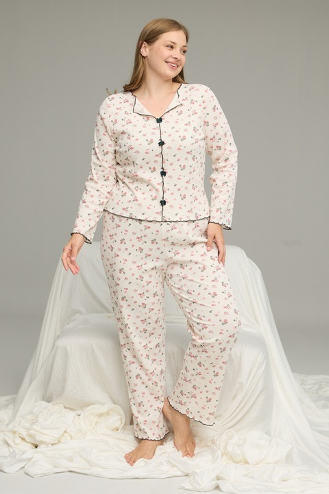 Pijama dama, Siyah Inci, cu floricele, maneca lunga, fundite, Plus Size, Alb