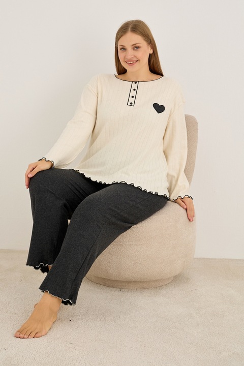 Pijama dama, Siyah Inci, Plus Size, ecru si negru, croiala lejera, 5XL INTL