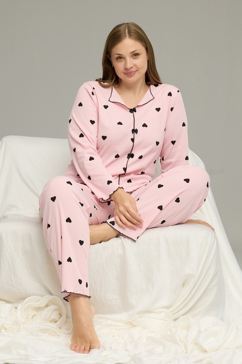 Pijama dama, Siyah Inci, roz cu inimioare, maneca lunga, pantaloni asortati, Plus Size, 3XL INTL