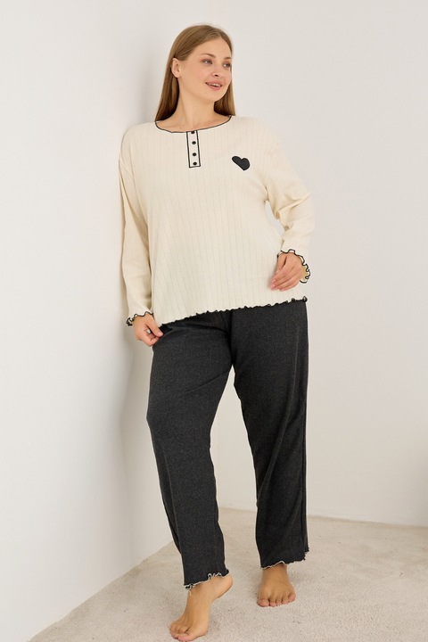 Pijama dama, Siyah Inci, Plus Size, croiala lejera, ecru cu inimioara, 3XL INTL