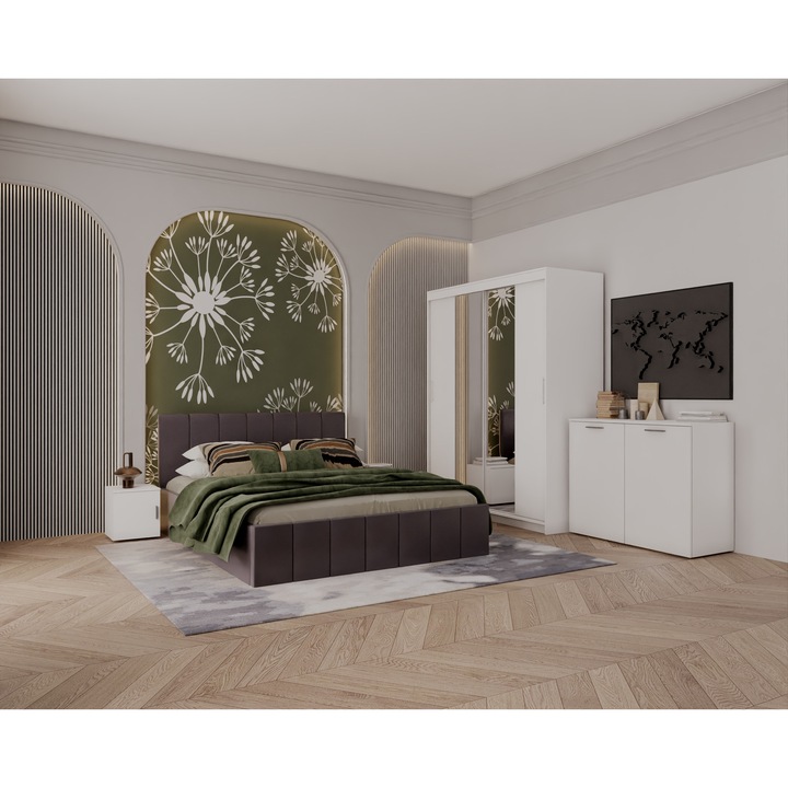 Set Dormitor Alex cu oglinda, 160x200cm, Gri inchis + Alb, Pal 18 mm